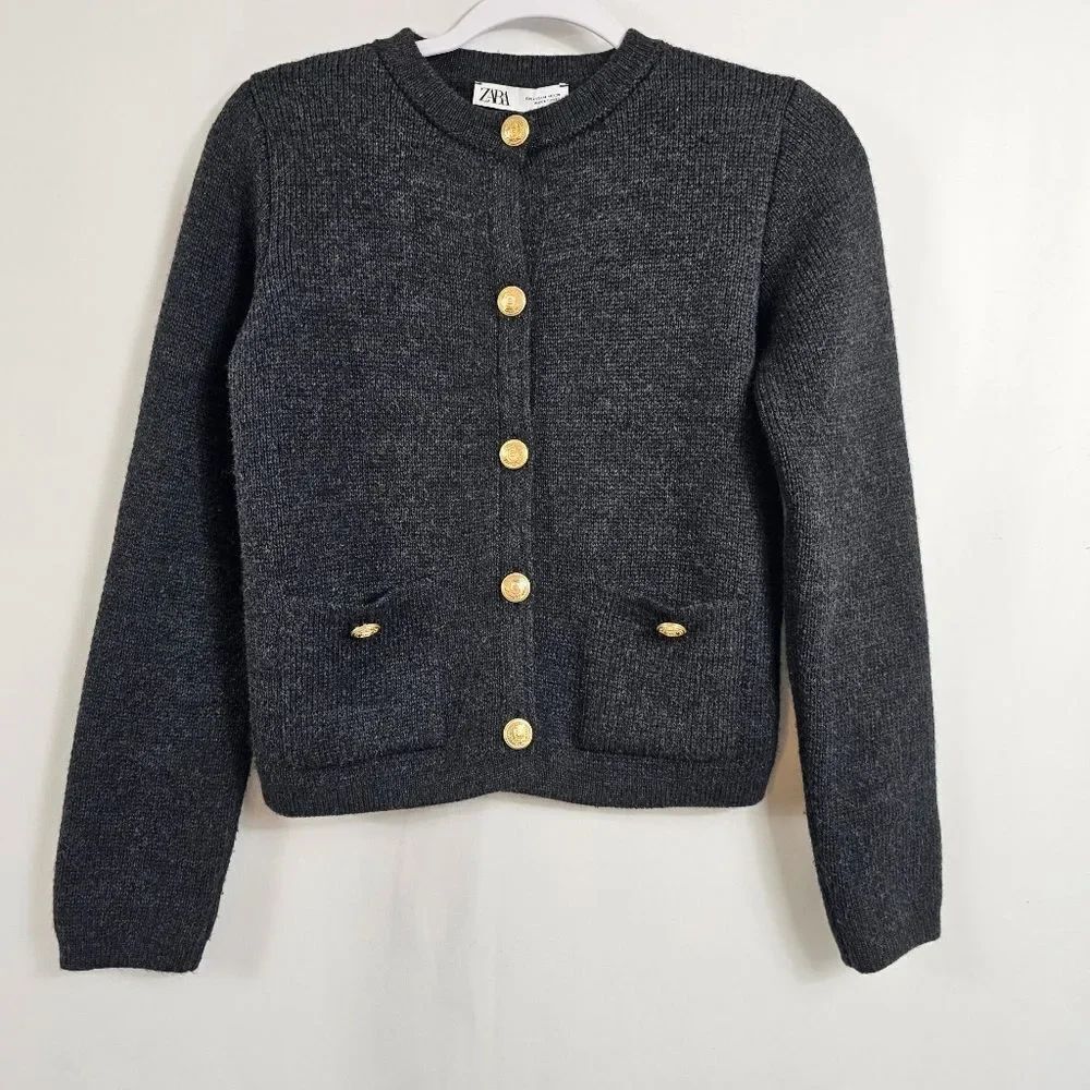 Zara Long SleeveβCrew Neck Cardigan in Charcoal - Size M